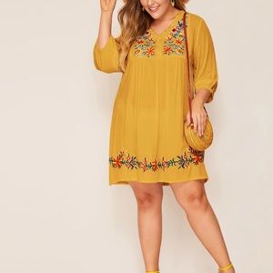 Yellow plus floral embroidered V-neck dress